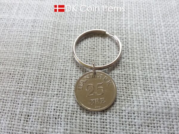 Denmark R-initial 1950 coin keychain with 74 year old 25 ore as coin pendant on 30mm keyring