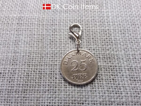 Denmark R-initial 1950 coin charm with 74 year old 25 ore as coin pendant on 18mm lobster claw clasp