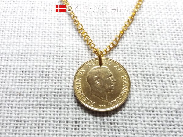 Denmark 1957 coin necklace with golden 67 year old Coat of Arms 1 krone as coin pendant. Cord/Chain options