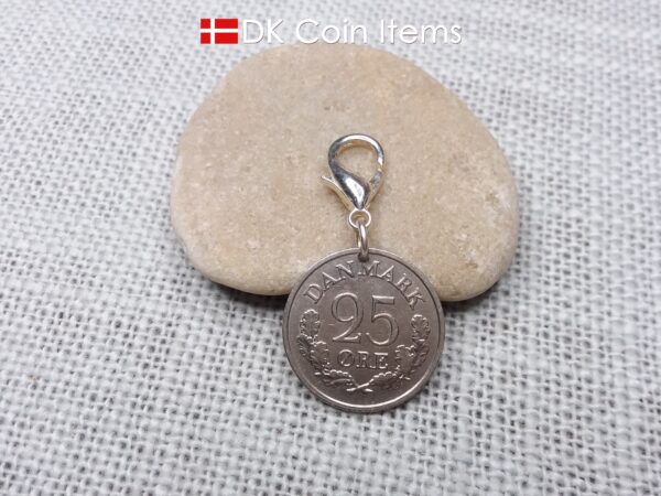 Denmark 1962 R-initial coin charm with 62 year old 25 ore as coin pendant on 18mm lobster claw clasp