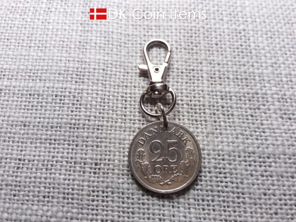 Denmark 1962 R-initial coin charm with 62 year old 25 ore as coin pendant on trigger clip with swivel base