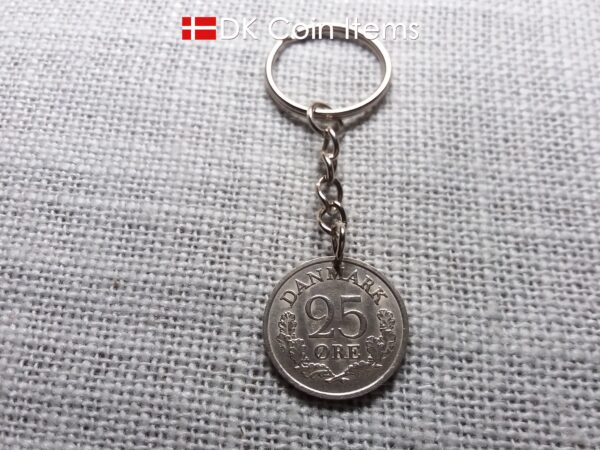 Denmark 1962 R-initial coin keychain with 62 year old 25 ore as coin pendant on 32mm chain and 25mm keyring