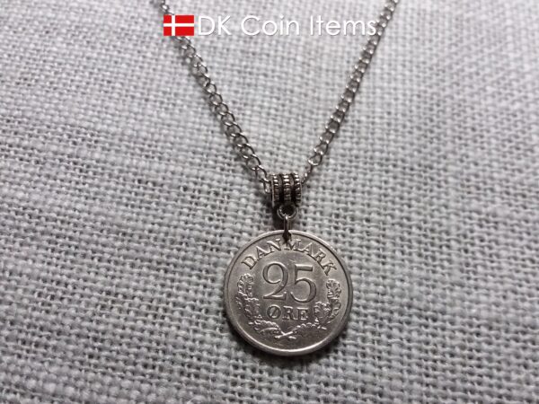 Denmark 1961 coin necklace with 63 year old Crown R initial 25 ore as coin pendant. 63rd birthday gift. Danish vintage souvenir