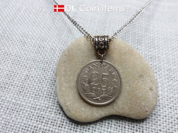 Denmark 1961 coin necklace. 63 year old Crown R initial 25 ore as coin pendant. 63rd birthday gift. Danish vintage souvenir