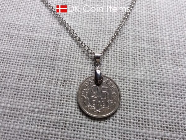 Denmark 1961 coin pendant necklace with 63 year old Crown R initial 25 ore. 63rd birthday gift. Danish vintage souvenir