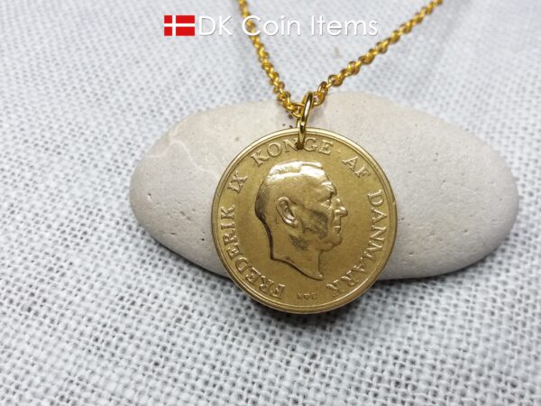 Denmark 1951 coin necklace with 73 year old golden Coat of Arms coin pendant with Royal Crown 2 krone. 73rd birthday gift. Vintage souvenir