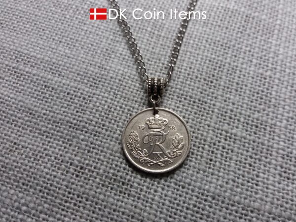 Denmark 1958 coin pendant necklace with 66 year old Crown R initial 25 ore as coin pendant. 66th birthday gift. Danish vintage souvenir