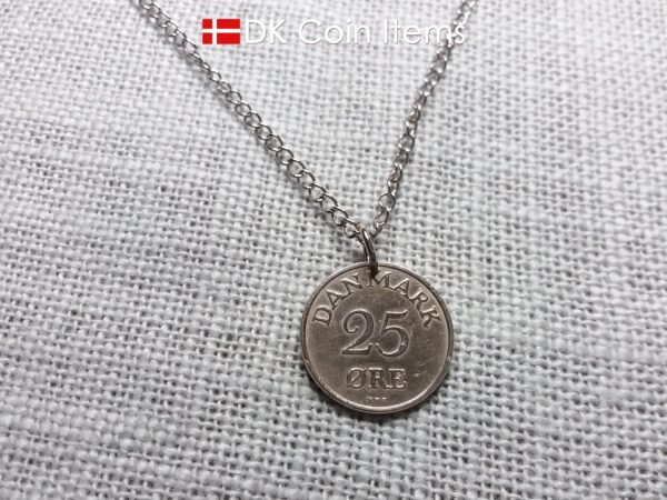 Denmark 1955 coin pendant necklace with 69 year old Crown R initial 25 ore as coin pendant. 69th birthday gift. Danish vintage souvenir