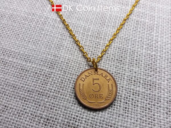 Denmark 1963 coin pendant necklace with Crown R initial. 61 year old 5 ore. 61st birthday gift. Danish vintage souvenir