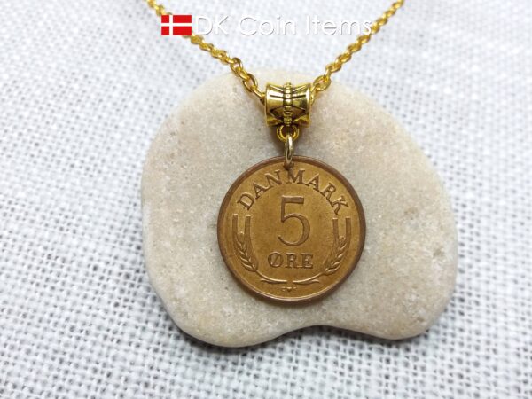 Denmark 1963 coin necklace with Crown R initial. 61 year old 5 ore pendant. 61st birthday gift. Danish vintage souvenir