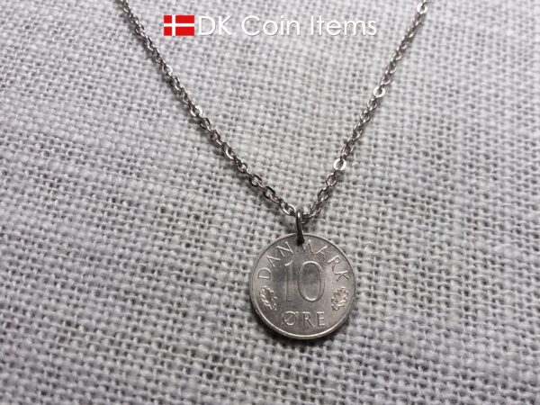 Denmark 1977 coin pendant necklace with Crown M initial. 47 year old 10 ore. 47th birthday gift. Danish vintage souvenir