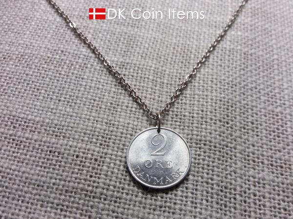 Denmark 1970 coin necklace with 54 year old Crown R initial 2 ore as coin pendant. Unique 54th birthday gift or Danish vintage souvenir