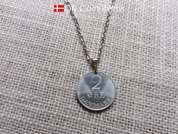 Denmark 1970 coin pendant necklace with 54 year old Crown R initial 2 ore. Unique 54th birthday gift or Danish vintage souvenir