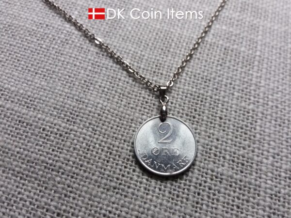 1970 coin pendant necklace with 54 year old Danish Crown R initial 2 ore. Unique 54th birthday gift or Danish vintage souvenir