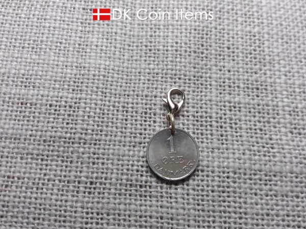 Denmark 1970 coin charm with 54 year old Crown R initial 1 ore as coin pendant. Unique 54th birthday gift or Danish vintage souvenir