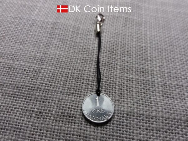 Denmark 1970 coin pendant charm with 54 year old Crown R initial 1 ore. Unique 54th birthday gift or Danish vintage souvenir