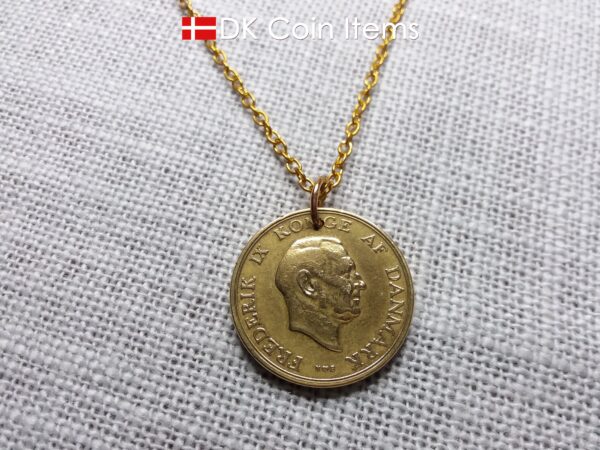 Denmark 1952 coin necklace with 72 year old golden Coat of Arms coin pendant with Royal Crown 2 krone. 72nd birthday gift. Vintage souvenir