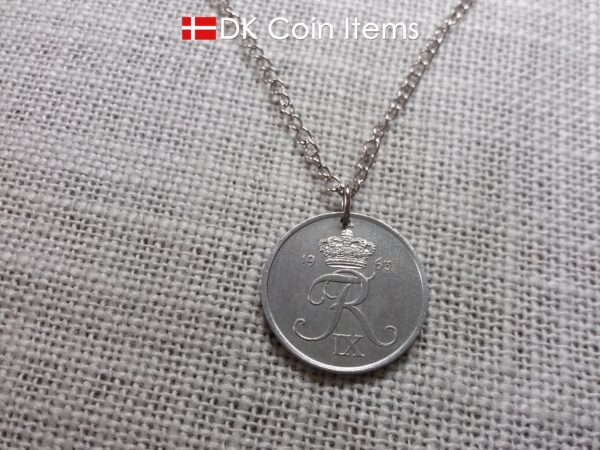 Danish 5 ore coin pendant necklace. 61 year old Crown R initial coin from Denmark 1963. Unique 5th anniversary gift or 61st birthday gift