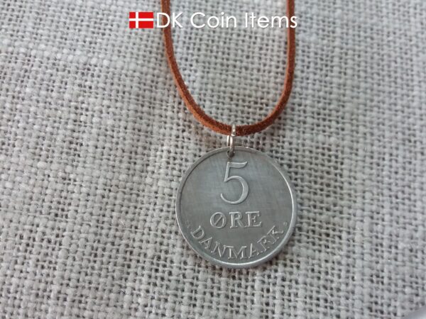 Coin necklace with Danish 5 ore 1963. Crown R initial on 61 year old coin from Denmark. Unique 5th anniversary gift or 61st birthday gift