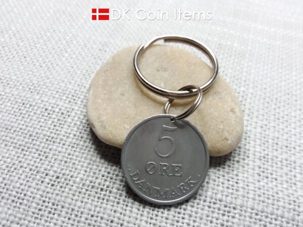 Denmark 1963 coin keychain with 61 year old Crown R initial 5 ore as coin pendant. Unique 61st birthday gift or Danish vintage souvenir