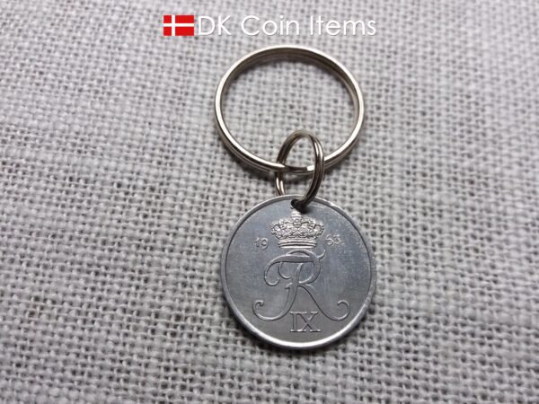 Danish 5 ore coin pendant keychain. 61 year old Crown R initial coin from Denmark 1963. Unique 5th anniversary gift or 61st birthday gift