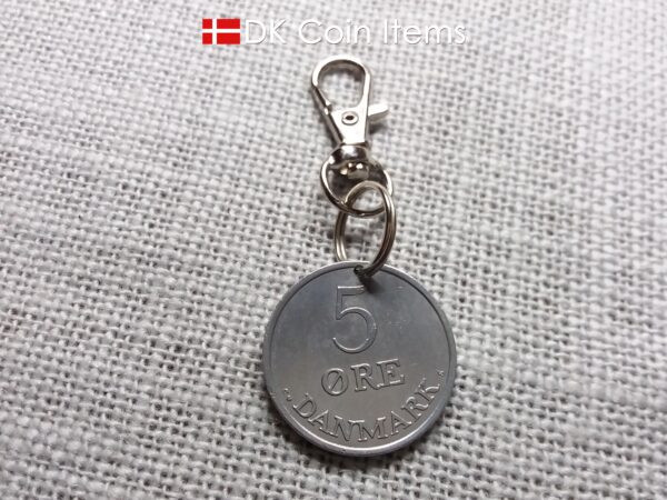 Denmark 1963 coin charm with 61 year old Crown R initial 5 ore as coin pendant. Unique 61st birthday gift or Danish vintage souvenir