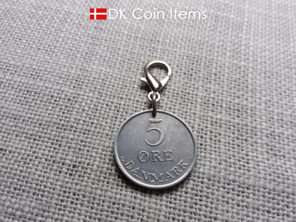 Danish Crown R coin keychain with 61 year old 5 ore 1963 as coin pendant on lobster claw. Vintage souvenir from Denmark