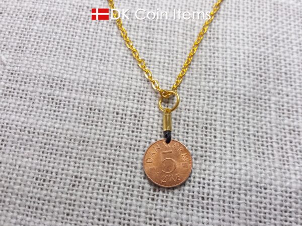 Denmark 1977 coin necklace with 47 year old Crown M initial 5 ore as coin pendant. 47th birthday gift. Danish vintage souvenir