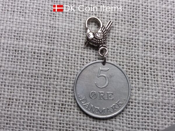 1963 Crown R coin charm with 61 year old 5 ore from Denmark as coin pendant on parrot trigger clip. Danish Vintage souvenir