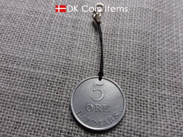 R initial coin charm with 61 year old 5 ore from Denmark as coin pendant on lariat cord strap. Danish 1963 vintage souvenir