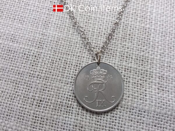 Denmark 1962 Crown R initial coin necklace with 62 year old 5 ore as coin pendant. Unique 62nd birthday gift or Danish vintage souvenir