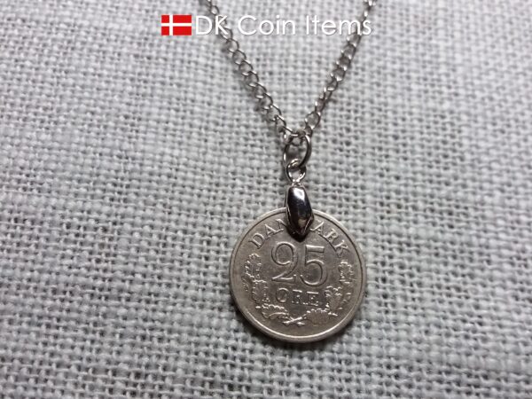 Crown R coin necklace with 63 year old Danish 5 ore 1961 as coin pendant on pinch bail. Vintage souvenir from Denmark