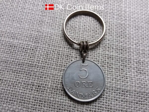 Denmark 1963 Crown R coin keychain with 61 year old 5 ore as coin pendant. Unique 61st birthday gift or Danish vintage souvenir