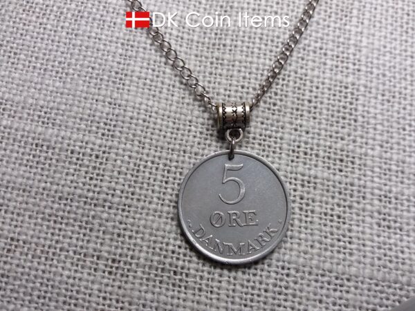 Denmark 1963 Crown R coin necklace with 61 year old 5 ore as coin pendant. Unique 61st birthday gift or Danish vintage souvenir