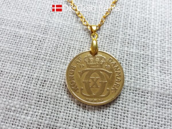 Denmark C-initial coin necklace with antique 1926 2 kroner as coin pendant. Golden 98 year old Danish Royal Crown coin. Unique souvenir gift