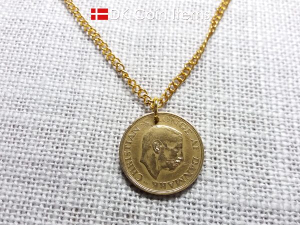 Denmark 1945 coin necklace with 79 year old golden 1 krone coin pendant. 79th birthday gift, 1st anniversary gift, Danish vintage souvenir