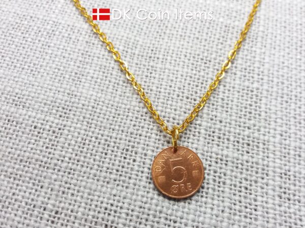 Denmark 1988 coin necklace with 36 year old Crown M initial 5 ore as coin pendant. 36th birthday gift. Danish vintage souvenir