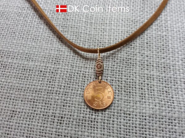 Crown M-initial 1988 coin necklace with 36 year old Danish 5 ore as coin pendant. 36th birthday gift. Danish vintage souvenir