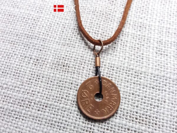 Antique Crown C-initial 1928 coin necklace with 96 year old Danish copper 2 ore as coin pendant in leather strap. Denmark Vintage souvenir