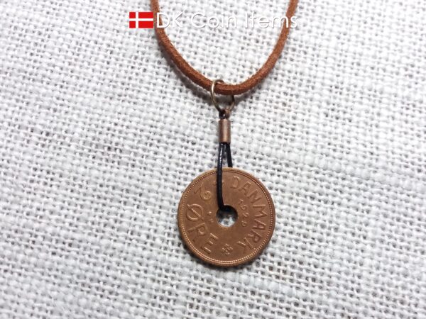 Antique Crown C-initial 1929 coin necklace with 95 year old Danish copper 2 ore as coin pendant in leather strap. Denmark Vintage souvenir