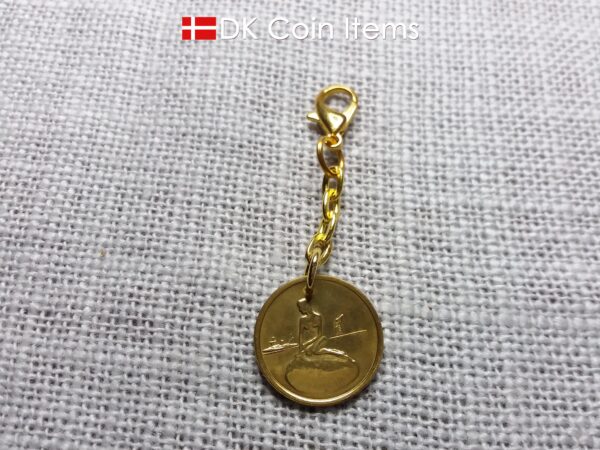 Danish Coin charm with the Little Mermaid sculpture in Copenhagen on vintage 1966-1967 fare token as pendant