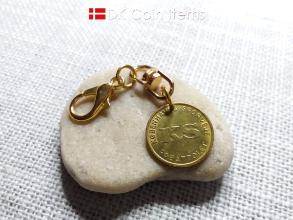 Danish Coin charm with the Little Mermaid sculpture in Copenhagen on vintage 1966-1967 fare token as pendant