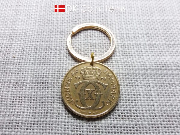 98 year old Crown C-initial coin keychain with golden 2 kroner 1926 from Denmark as coin pendant. Antique Danish vintage souvenir gift