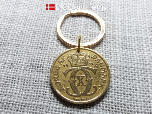 Crown C-initial coin keychain with golden 98 year old 1926 2 kroner from Denmark as coin pendant. Antique Danish vintage souvenir gift