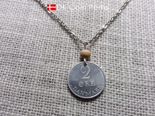 Crown R-initial 1970 coin necklace with 54 year old 2 ore from Denmark as coin pendant. 54th birthday gift. Danish vintage souvenir