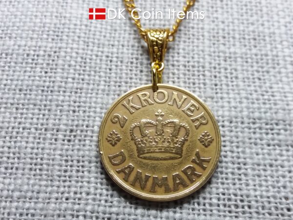 Crown C-initial coin necklace with golden 98 year old 1926 2 kroner from Denmark as coin pendant. Antique Danish vintage souvenir gift