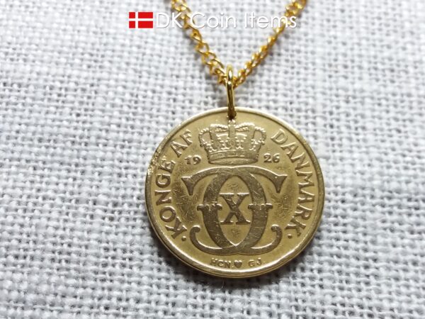 Crown C initial coin pendant necklace with an antique Danish golden 1926 coin (31mm/1¹/₄", 13 grams) on a gold plated ring. Denmark souvenir