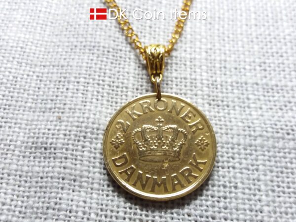 Golden 98 year old Crown C-initial coin necklace with 2 kroner 1926 from Denmark as coin pendant. Antique Danish vintage souvenir gift