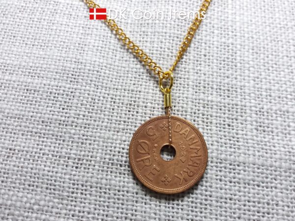 Denmark Crown C initial coin necklace with 97 year old Danish copper 5 ore as pendant. Antique 1927 vintage souvenir. 97th birthday gift