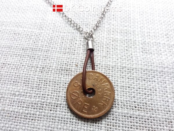 Antique Crown C-initial 1927 coin necklace with 97 year old Danish copper 5 ore as coin pendant in leather strap. Denmark Vintage souvenir